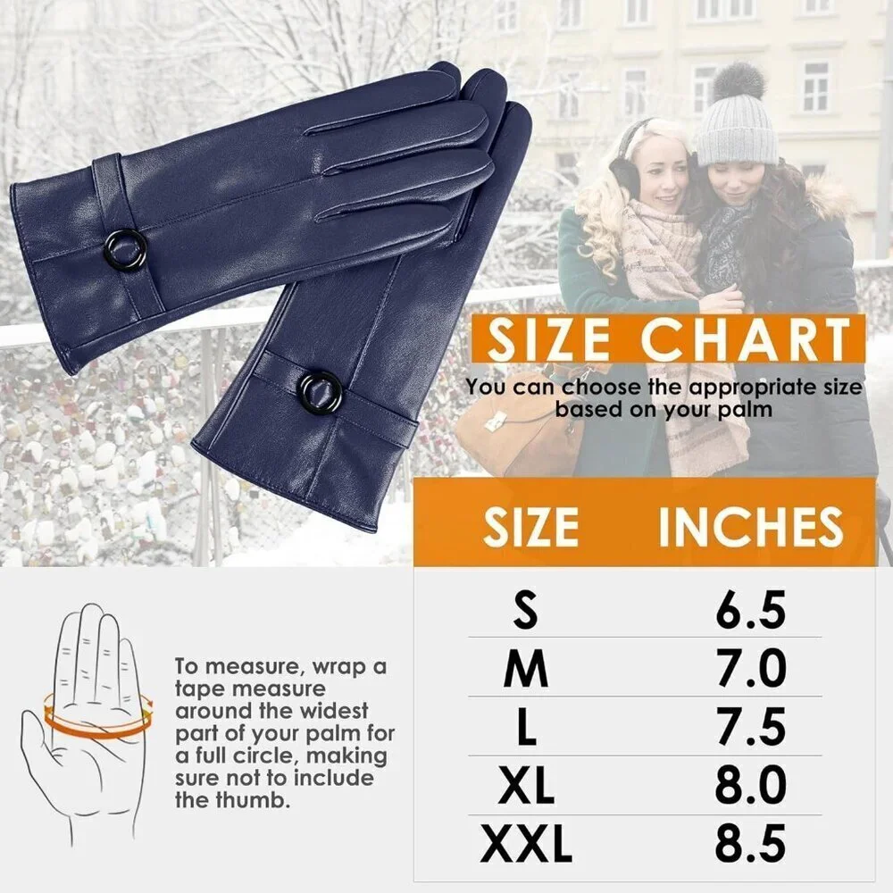 Women's Winter Leather Gloves Texting Warm Driving Lambskin Gloves Navy
